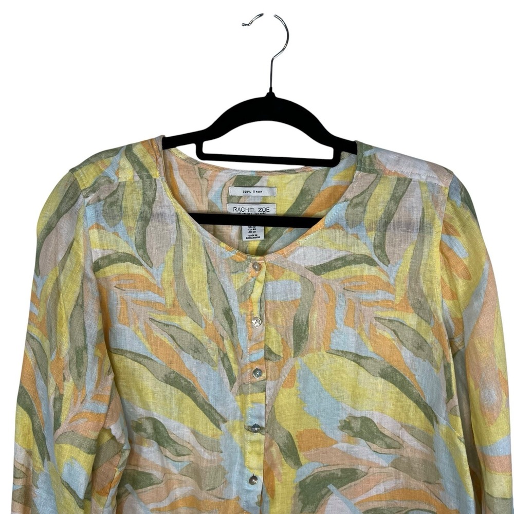 Rachel Zoe 100% Linen Tunic Top Womens 1X Pastel Tropical Roll Tab Sleeve Blouse - Picture 2 of 8